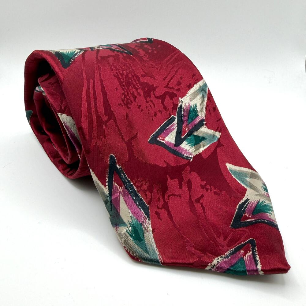 Vintage 90s Guy Laroche Couture Maroon 100% Silk Abstract Geometric Necktie